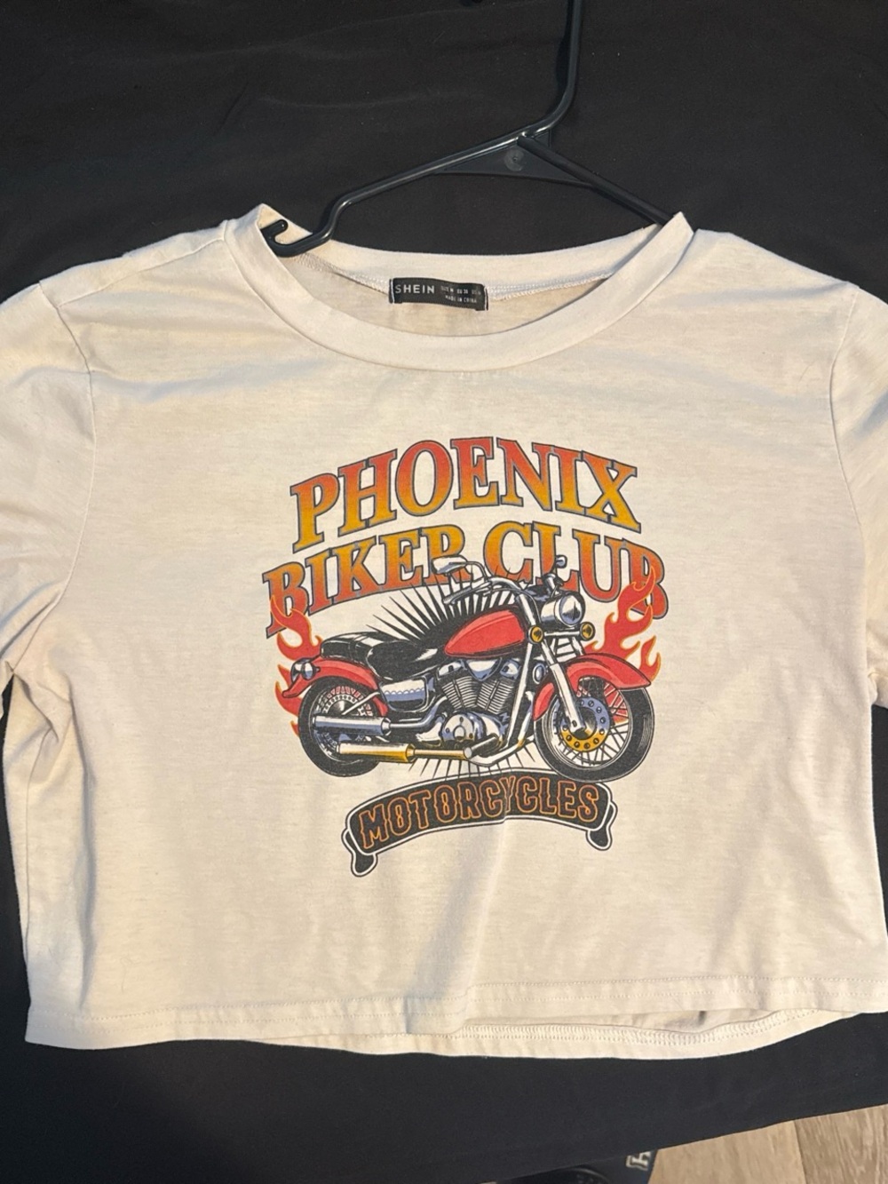 SHEIN White Phoenix Biker Club Graphic Crop Tee with Red Motorcycle